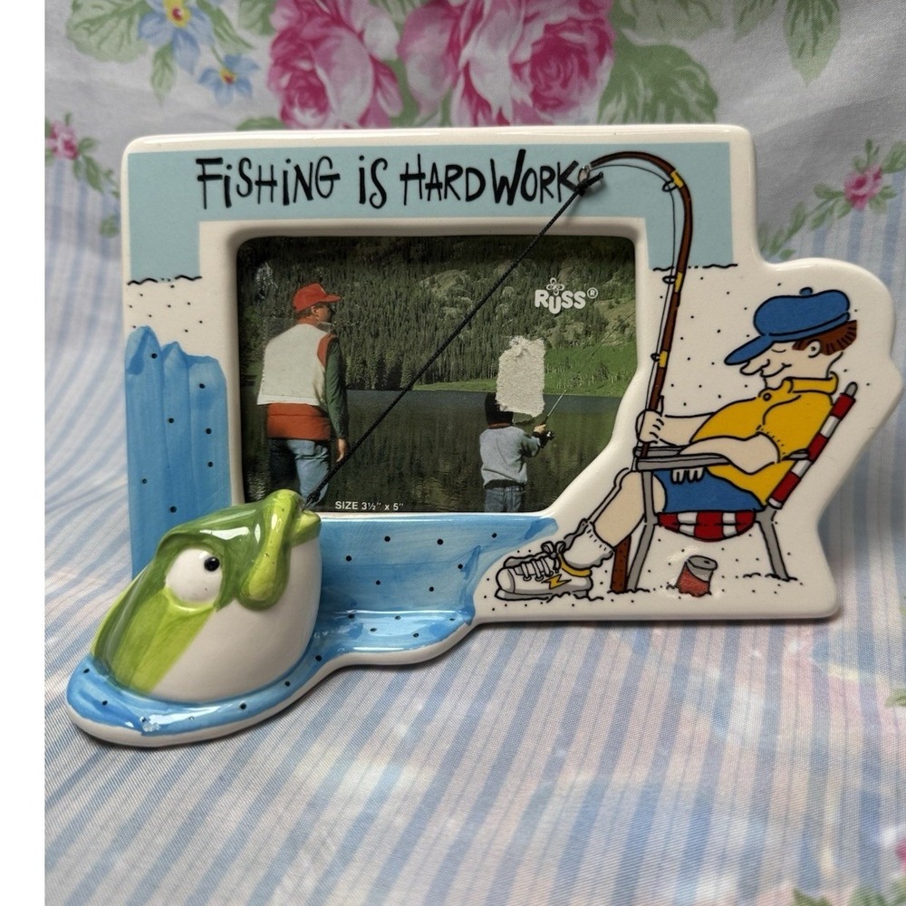 VTG‎ Russ Fishing Is Hard Work Photo Frame Figurine 4.5" x 7" Fisherman Decor
